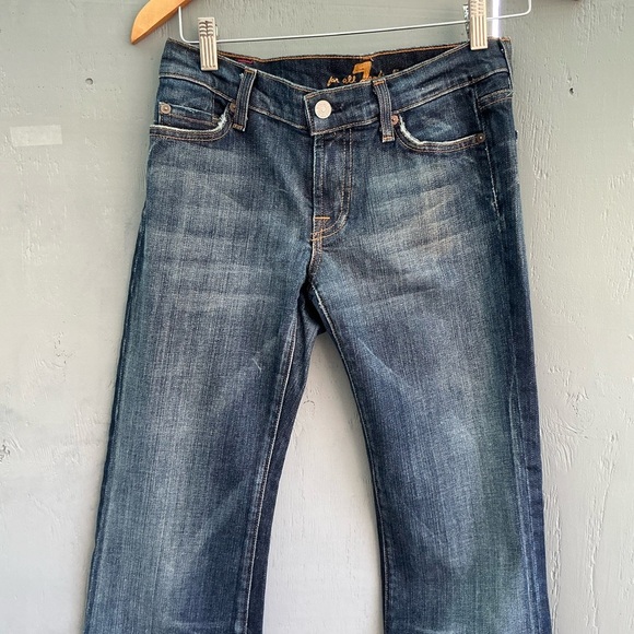 7 for all Mankind Jeans Womens Size27 Yellow Pocket Dark Blue Distressed Bootcut - Picture 6 of 9